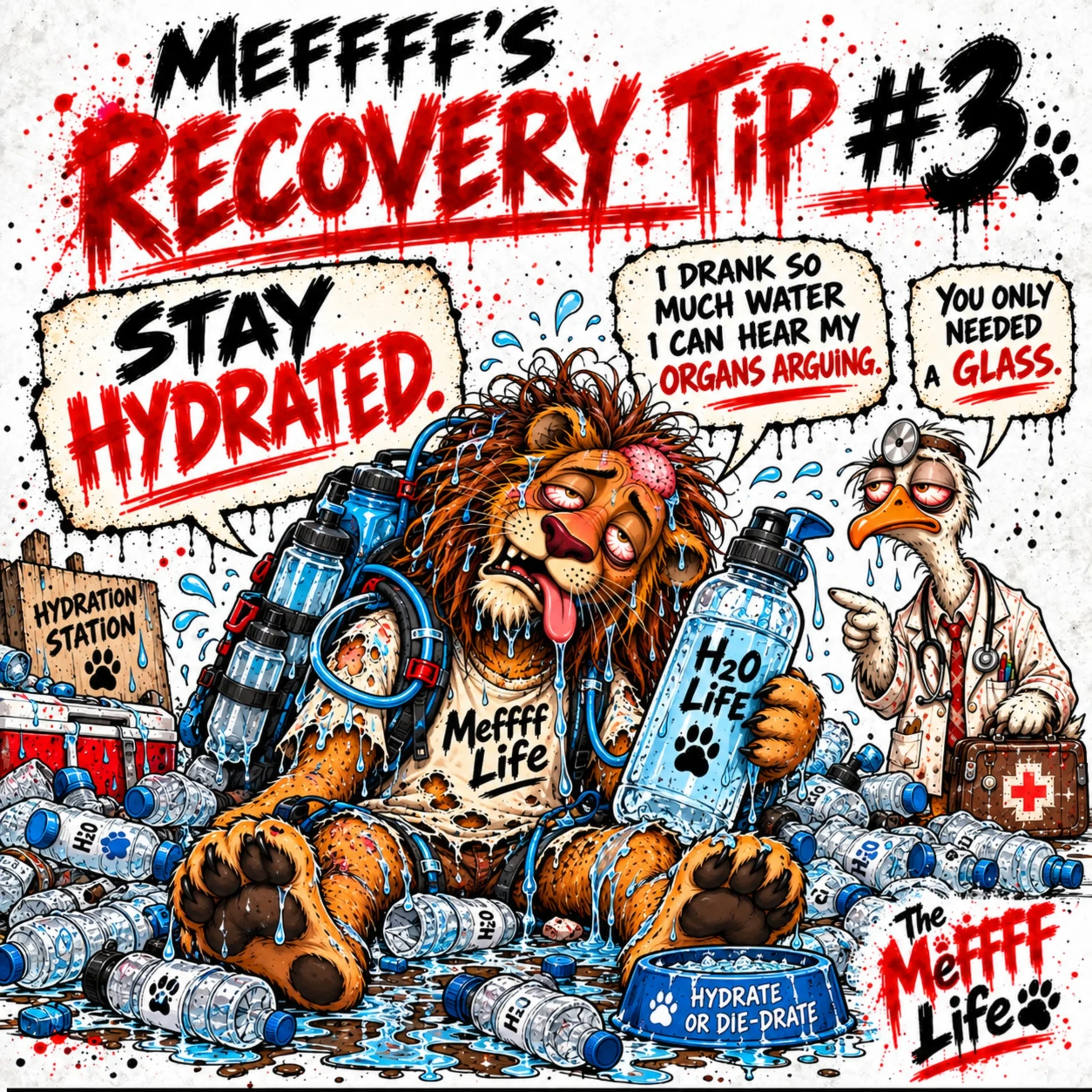Meffff is surrounded by water bottles after taking Doctor Goose's hydration advice far too literally.