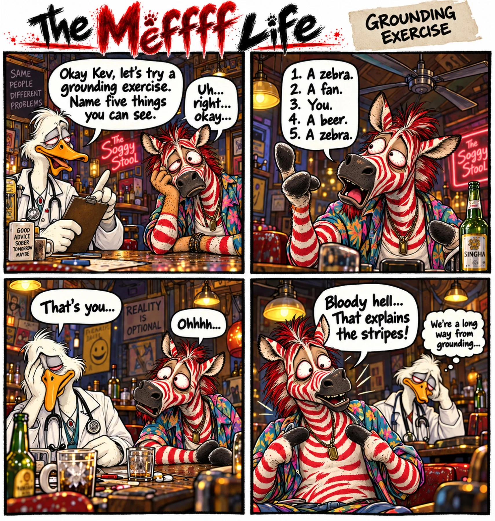 Doctor Goose guides Ket Kev through a grounding exercise involving two apparent zebras.