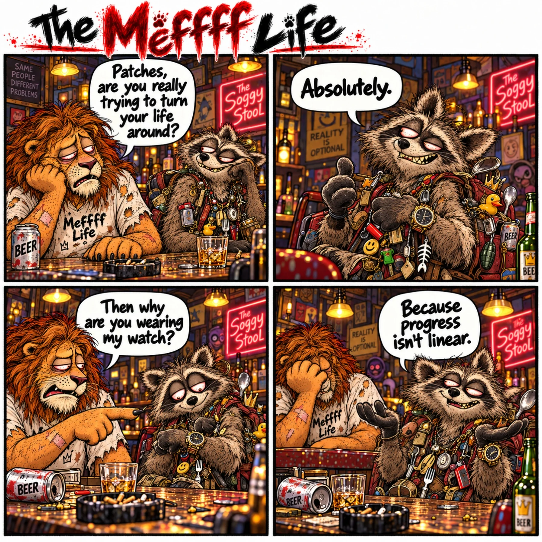 Patches the Raccoon uses a recovery phrase to explain why he has Meffff’s watch.