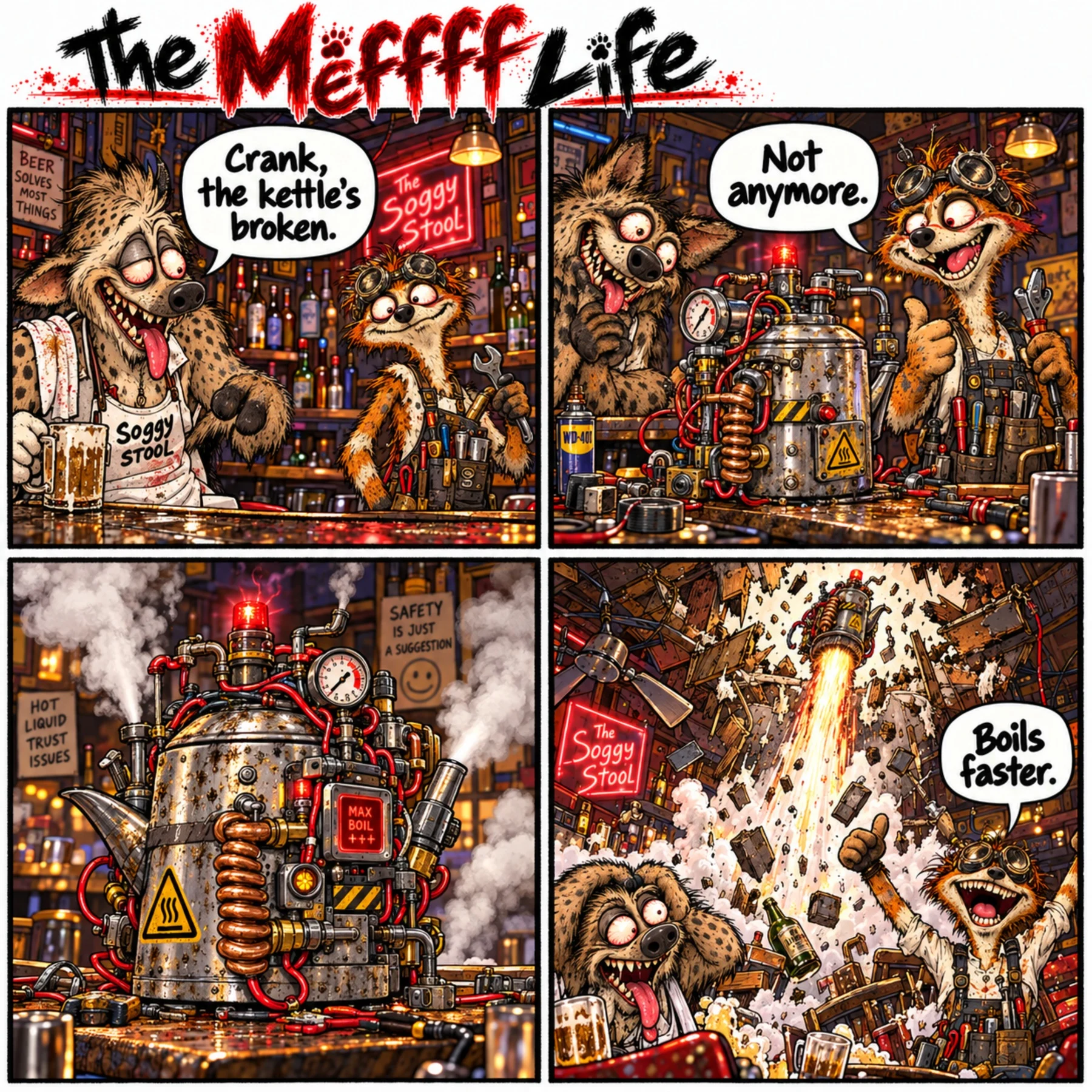 Crank the Meerkat converts a broken kettle into a dangerous flying machine.