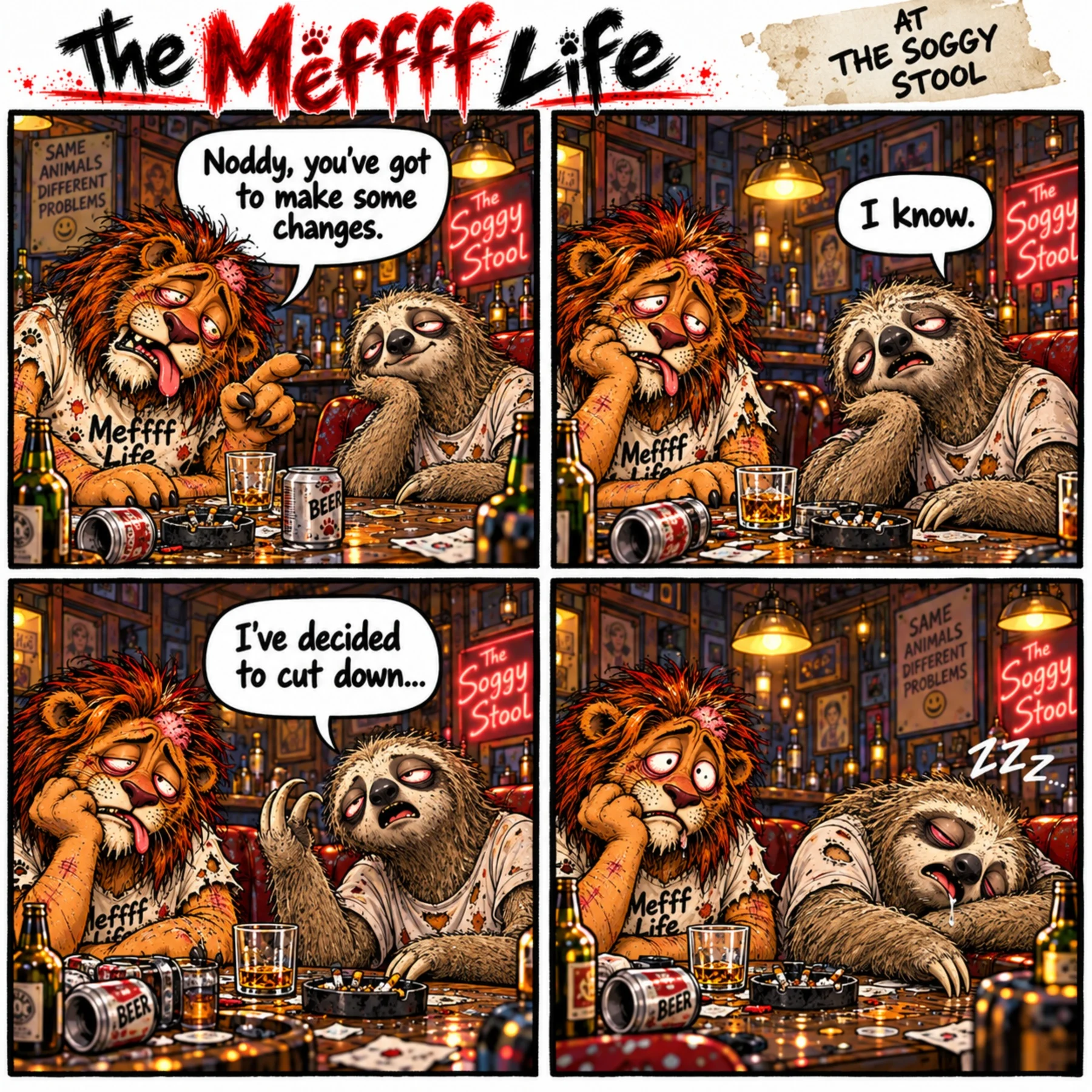 Noddy the Sloth promises Meffff he will cut down, then falls asleep mid-conversation.