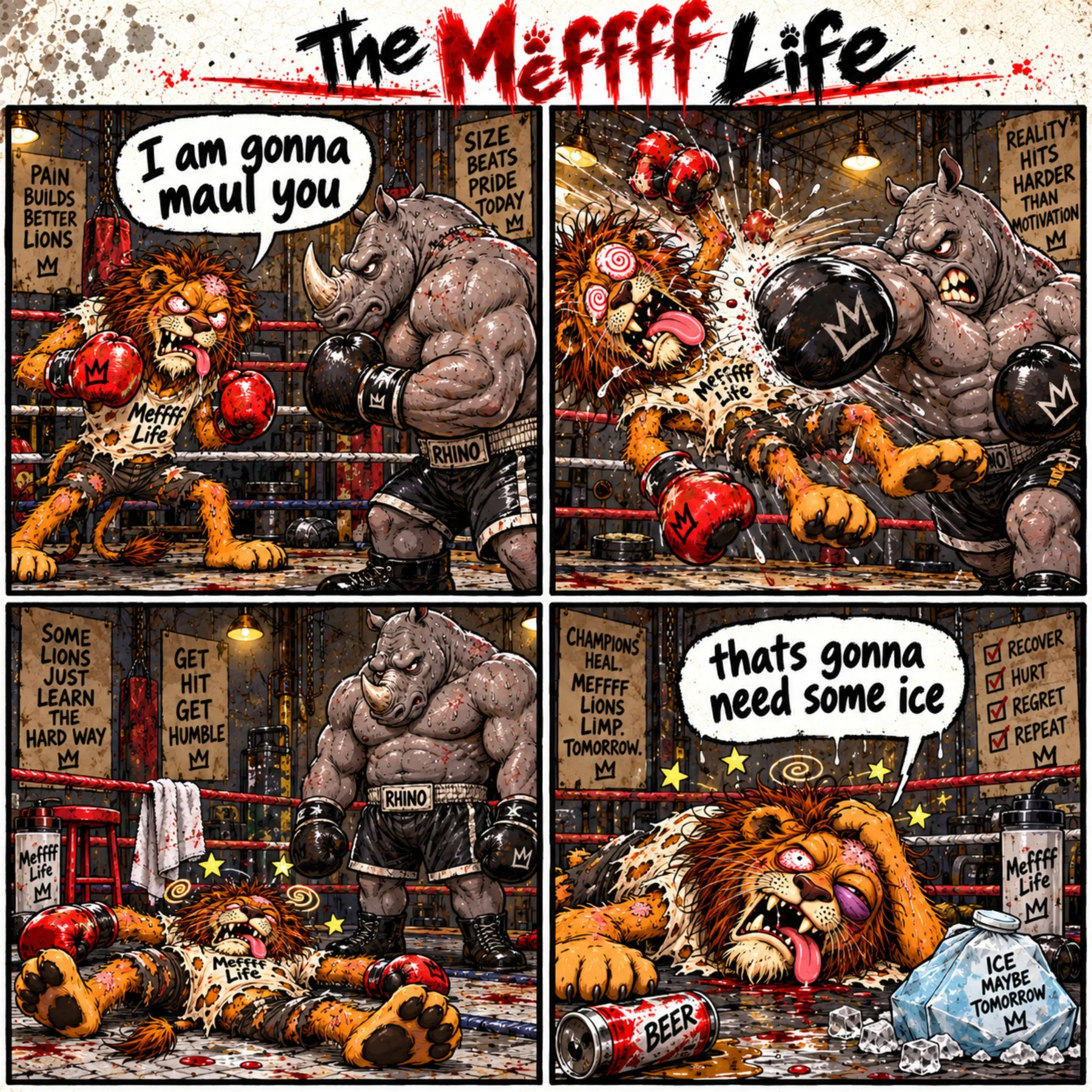 Meffff the Lion gets knocked out by Ricky the Rhino in a four-panel boxing cartoon.