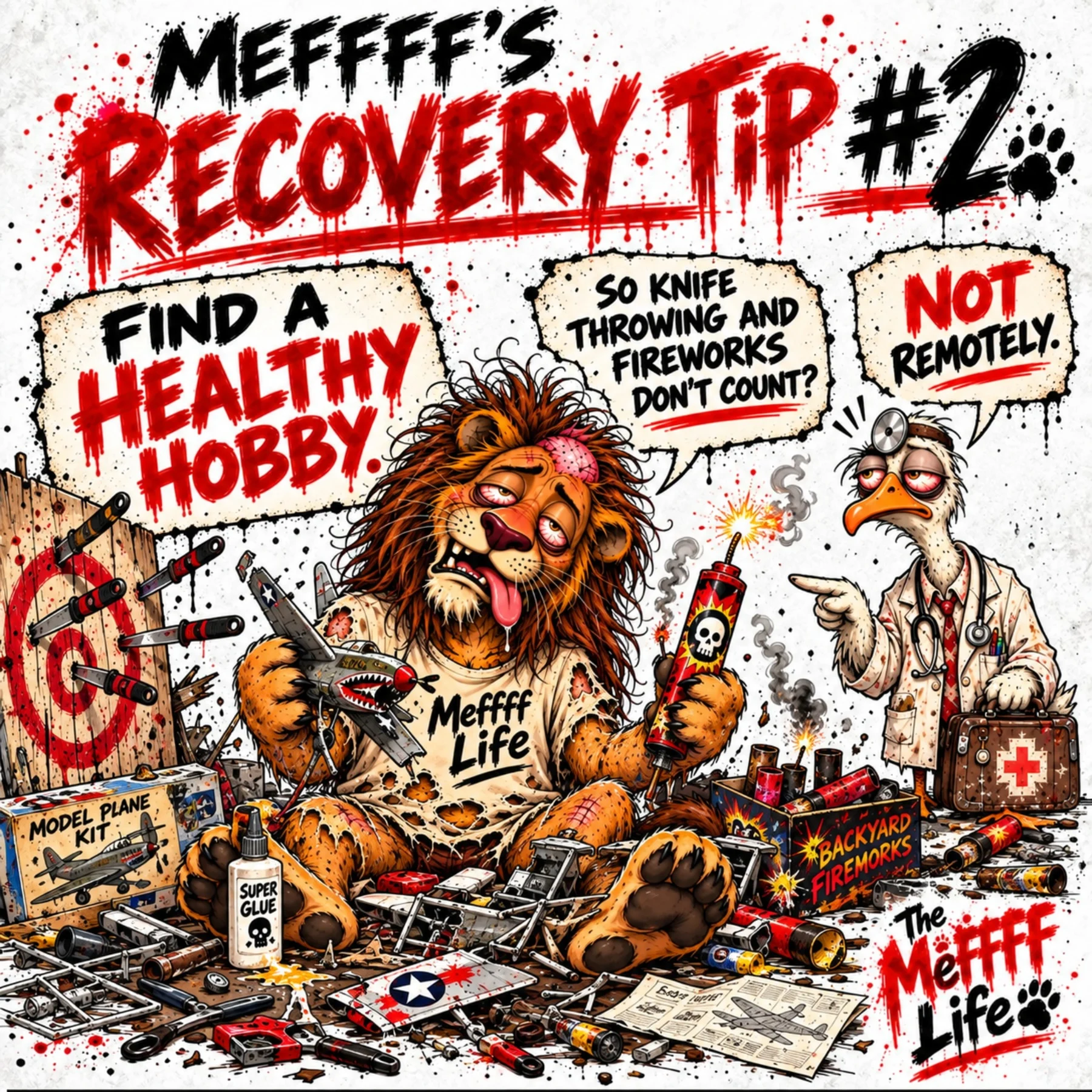 Meffff interprets a healthy hobby as knife throwing, fireworks and model aircraft while Doctor Goose objects.