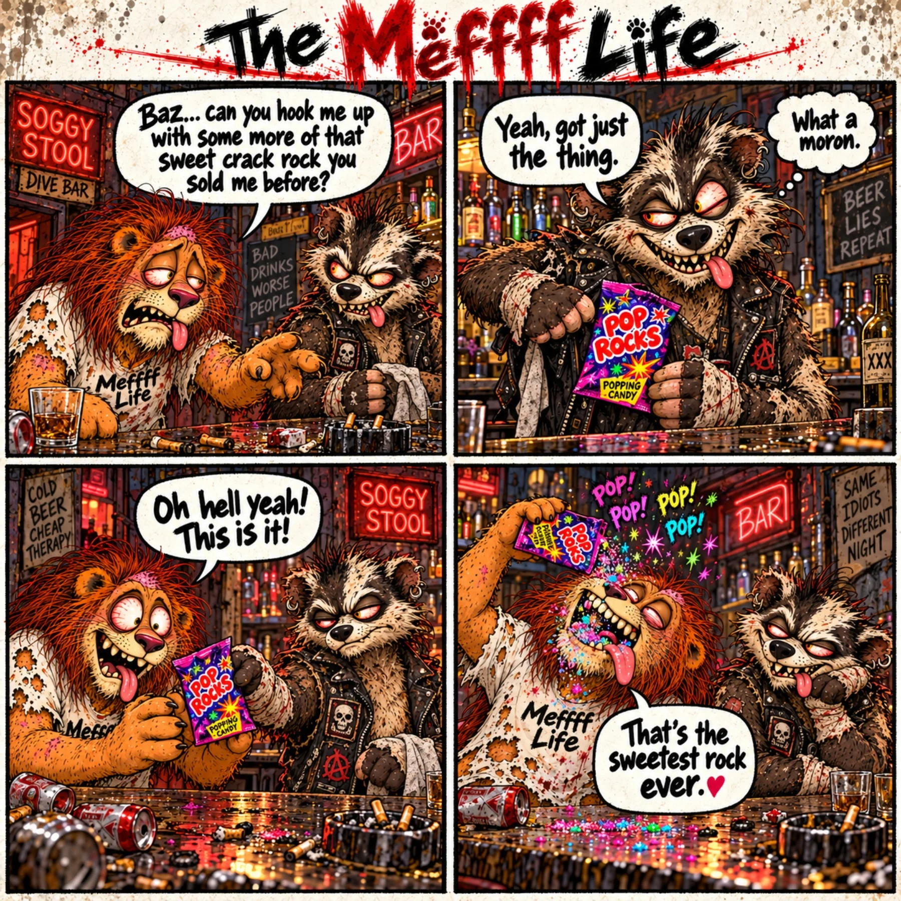 Badger Baz tricks Meffff into eating popping candy instead of the drug he requested.