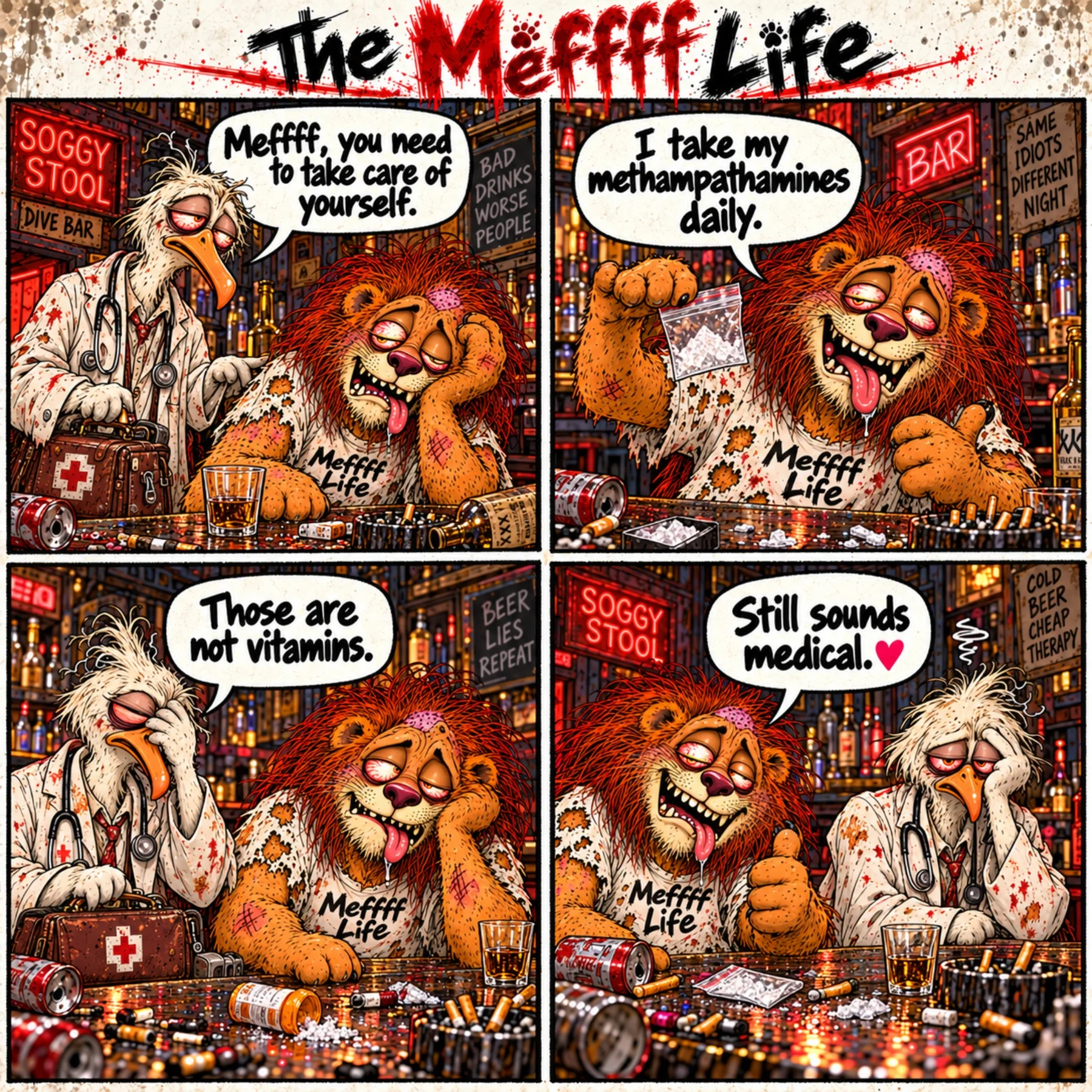 Doctor Goose explains to Meffff that methamphetamine is not a vitamin.