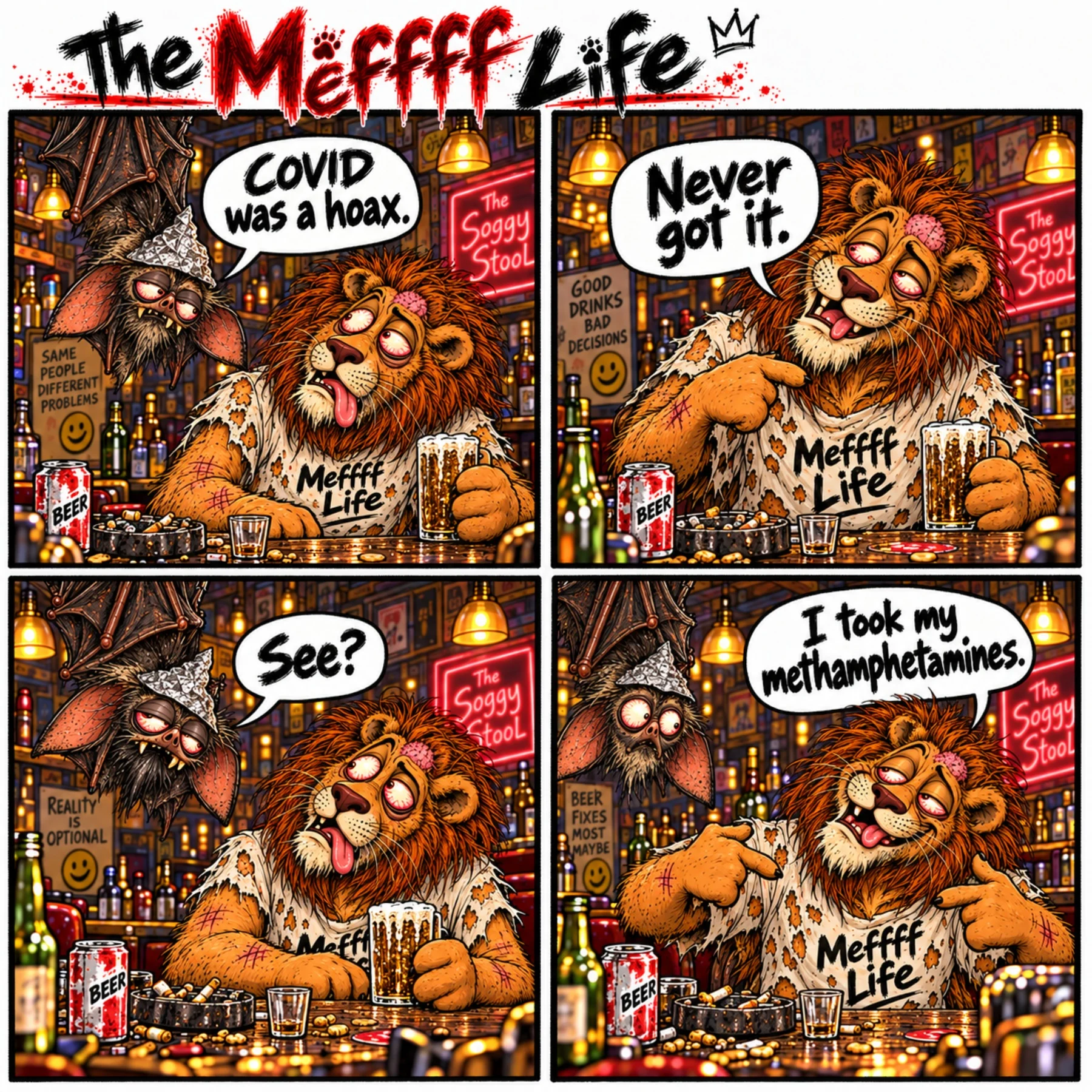 Benny the Bat argues COVID was a hoax while Meffff offers an absurd response.