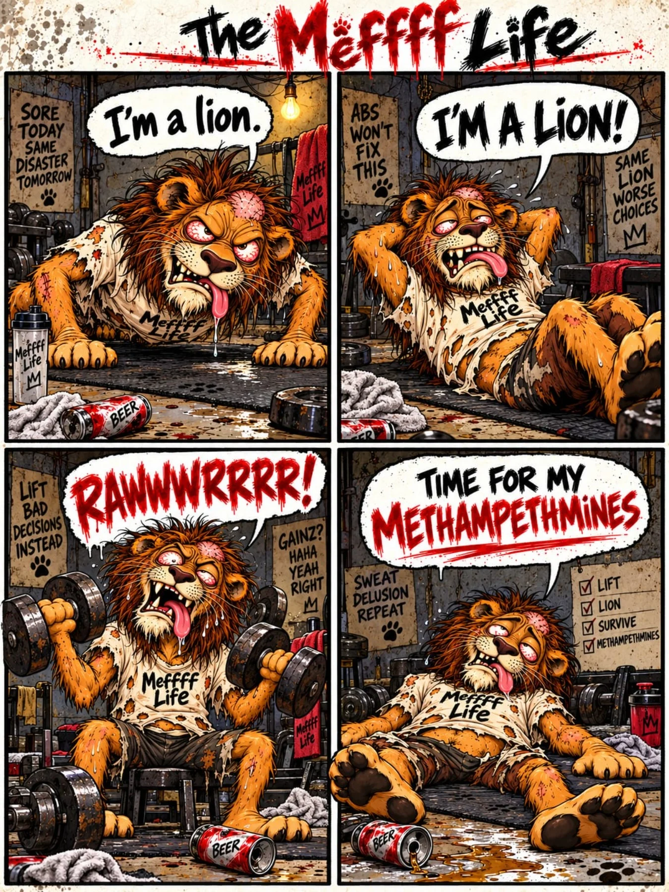 Meffff the Lion doing push-ups, sit-ups and dumbbell curls before declaring it is time for methamphetamines.